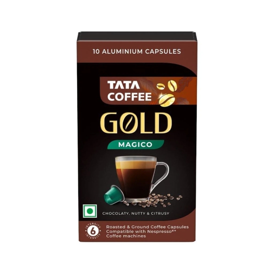 Tata Coffee Gold Coffee Capsules, Intensity- 6 | Tasting notes: Chocolaty, Nutty & Citrusy | 100% Arabica Coffee | Nespresso Compatible Coffee Pods, 10 Aluminium Capsules, 55 g