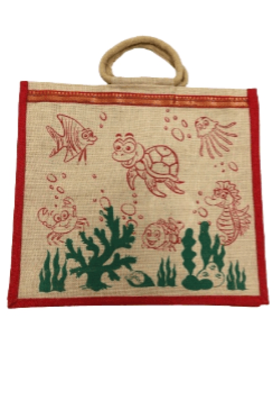 PALAK SAXENA Jute Bag for Shopping - Shoulder Bag | Eco Friendly Bags for Shopping - Cute & Quirky Collection (Tortoise, Fish - Red)