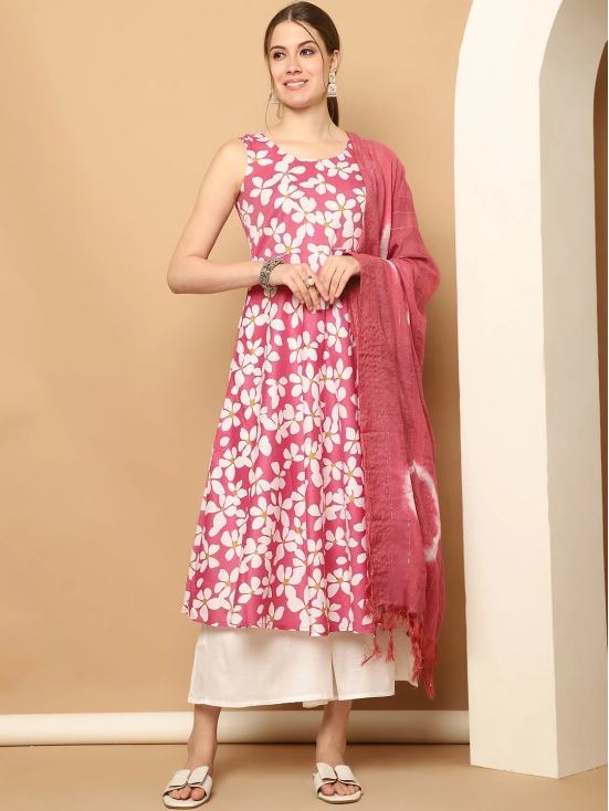 Printed pink flowers flared kurta pallazos dupatta set-M / Pink