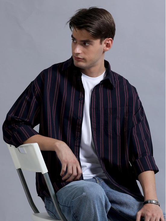 Premium Men Shirt, Relaxed Fit, Yarn Dyed Stripes, Pure Cotton, Full Sleeve, Navy Blue-S / Navy Blue