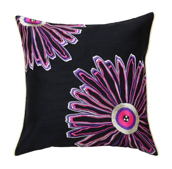 ANS Black 2 Flower Asymetrical Emb cushion cover with Contrast Piping