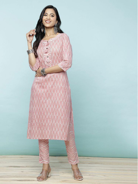 Rangita Women Cotton Peach Printed Calf Length Straight Kurti With Pants - None