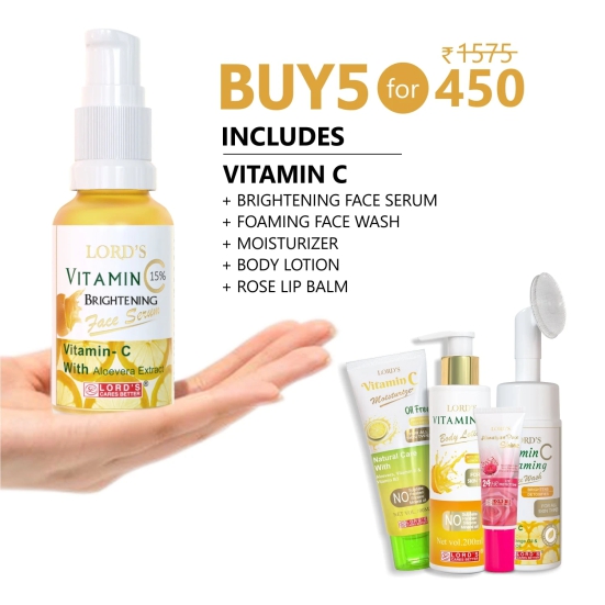 Buy 1 Get 4 Free | Lords Vitamin C 15% Brightening Serum + Vitamin C Brightening Facewash + Vitamin C Moistrurizer + Vitamin  C body Lotion+  free  Lip balm (30ml + 100ml + 100ml+ 100ml 10g))