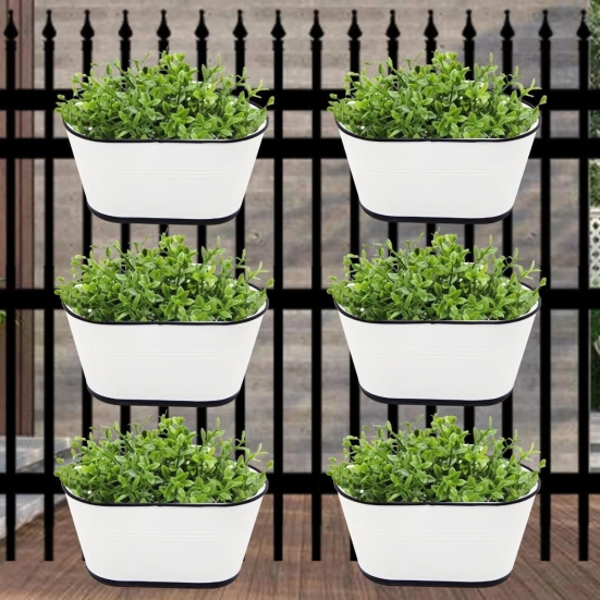 ecofynd 10 inches Balcony Railing Planter, Hanging Flower Pots for Grills, Home Gardening Plant Pots, Color - White, Pack of 6