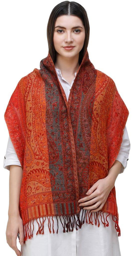 Mars-Red Reversible Jamawar Scarf from Amritsar with Woven Paisleys