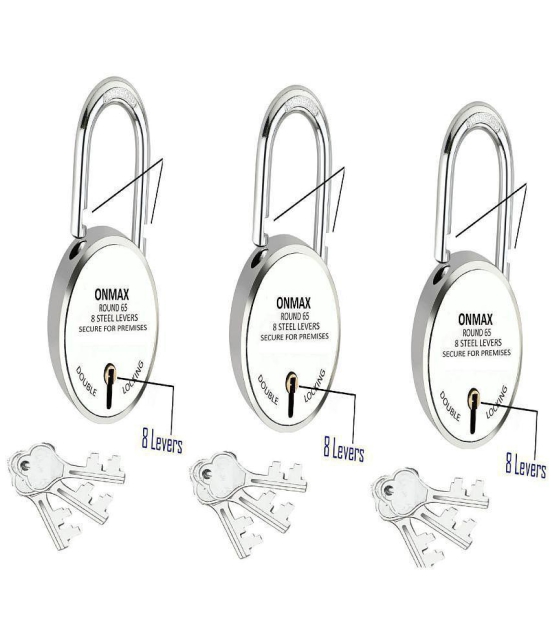 Onmax New Round 65mm Lock | Long Shackle Padlock | Metal Body | Double Locking | 8 Steel Levers | Silver Finish | Home Improvement | Made in India |(SRDL65)Pack of 3 Pcs