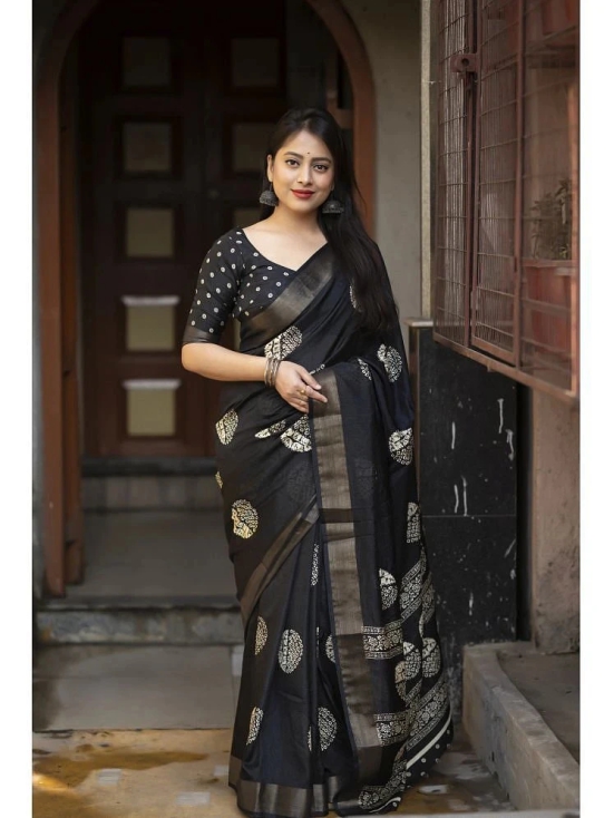 Bhuwal Fashion Cotton Printed Saree With Blouse Piece - Black ( Pack of 1 ) - Black