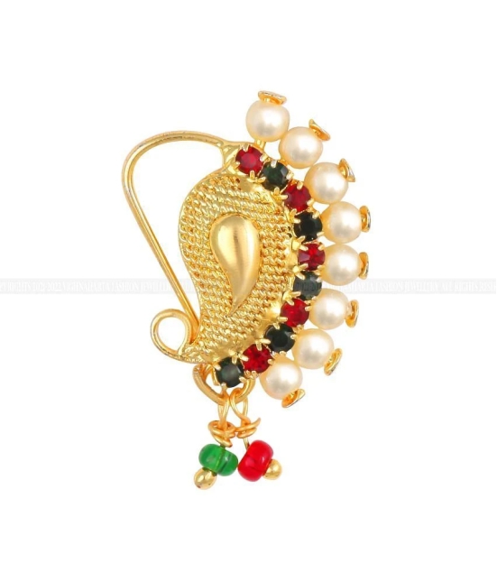 Vivastri Gold Plated Red Stone with Peals Alloy Maharashtrian Nath Nathiya./ Nose Pin for Women &Girls VIVA1020NTH-TAR - Multi Color