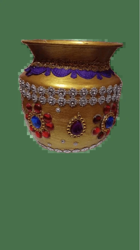 Gold-Plated Kalash with Stones and Beads for Pooja