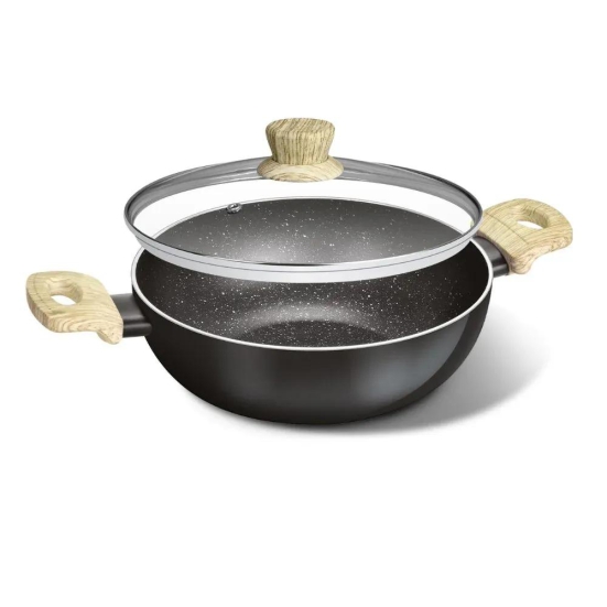 Bergner Bellini Aura Non Stick Kadai with Glass Lid | Gas & Induction Compatible | Black 5.2 Litre