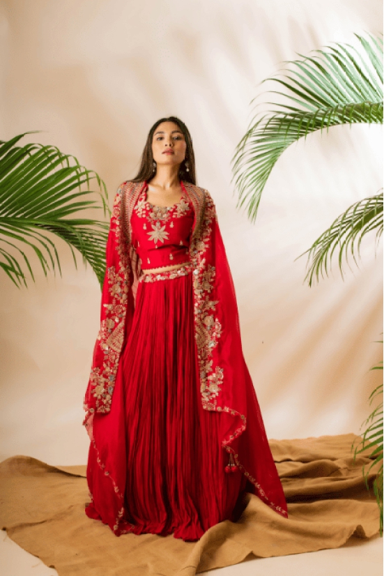 Embroidered Elegance: Anushka Gupta’s Couture Raw Silk Lehenga Set in Red