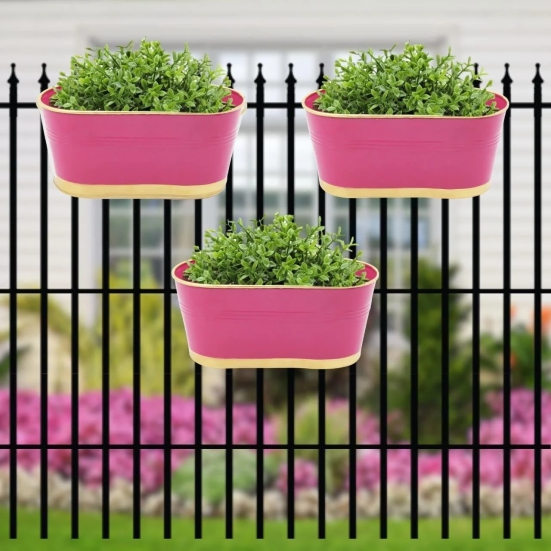 ecofynd 12 Inches Balcony Railing Planter, Hanging Flower Pots for Grills, Home Gardening Outdoor Oval Rectangular Metal Plant Pots, Pack of 3 (Pink)