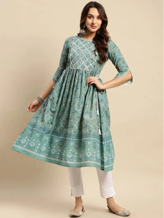 Rangita Women 100% Cotton Teal Gota Lace At Yoke Calf Length Kurti Gathered At Waist - None