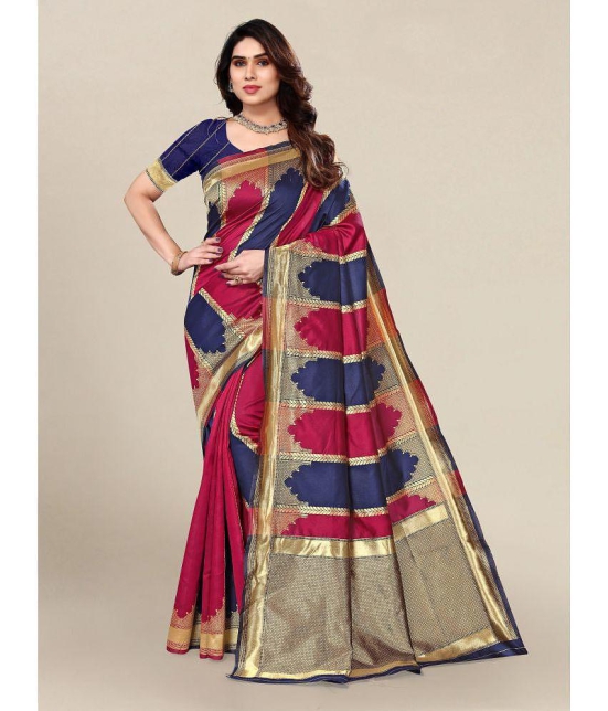 Om Shantam Sarees - Navy Blue Banarasi Silk Saree With Blouse Piece ( Pack of 1 ) - Navy Blue