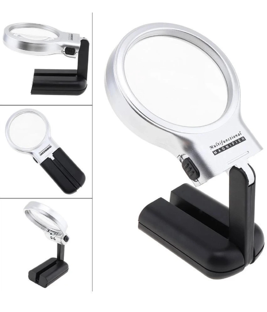 SHB 3X 2.44 Magnifier with 2 Built-in LED Lghts, Adjustable Angle Multifunctional Portable Plastic Optical Magnifying Glass for Reading, Hands Free Magnifying Glass with LED Light Stand