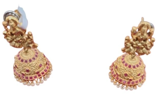 Exquisite Goddess Lakshmi Antique Gold Plated Jhumka Earrings with Pink Stones and Pearls