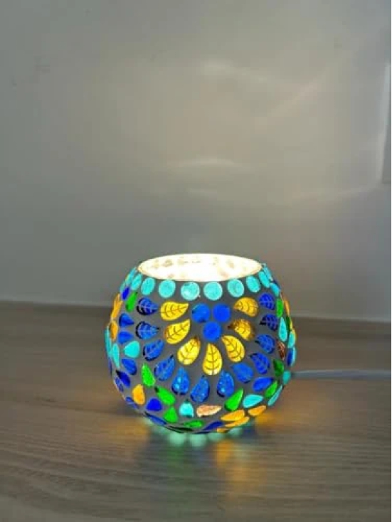 Aarna Creations Mosaic Lamp LED| Designer Mosaic LED Table lamp| Rolly Polly LED (Striped Floral)