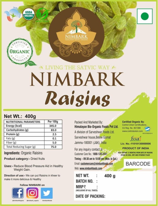 Nimbark s 100% Natural Seedless Raisins - 400 Grams | Premium Quality Kishmish/Kismis | Healthy Dry Fruits