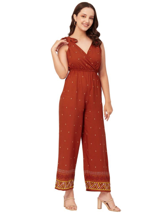 Moomaya Printed Jumpsuit For Women, Sleeveless Tie-Up V-Neck Loose Romper