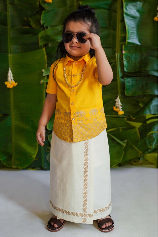 2 Pc Mundu Dhoti Shirt Set-Yellow 6M