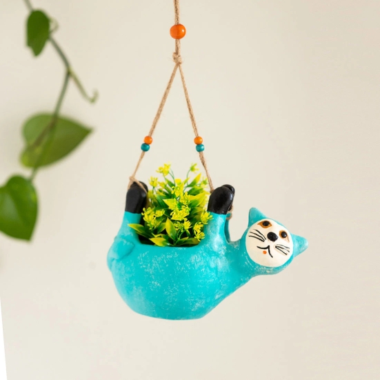 Cuddling Koala Hanging Planter Pot In Terracotta (6.3 Inch, Handmade & Hand-Painted, Blue)