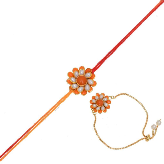 Indi Rang Resin Copper and Pearl Rakhi Lumba Set for Unisex- Adult (Yellow)