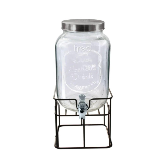 Treo Cask Dispensing Jar With Steel Tap and Iron Stand | Glass | Transparent | 1 Pc 5 Litres