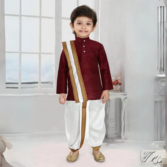 Maroon Cotton Silk Kurta and Dhoti set with Uparna/Angavastram-00 (0-6 months)