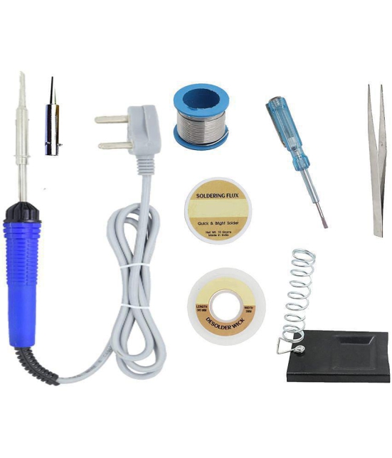 ALDECO: ( 8 in 1 ) 25 Watt Soldering Iron Kit With- Blue Iron, Wire, Flux, Wick, Stand, Tester, Bit, Tweezer