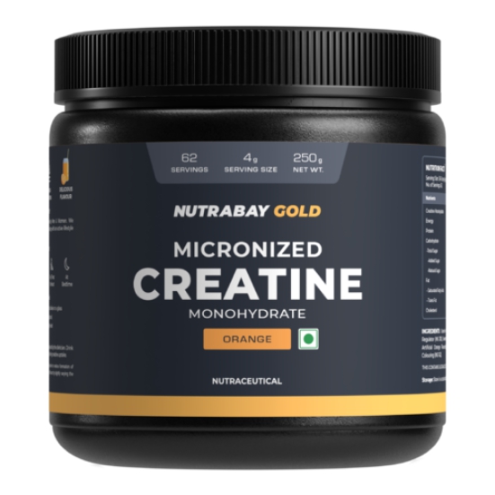 Nutrabay Gold Micronised Creatine Monohydrate Powder - 250g, Orange | NABL Lab Tested | 3g Creatine / Serving | Increases Muscle Mass, Strength & Power | Pre & Post Workout Supplement | For Men & Women