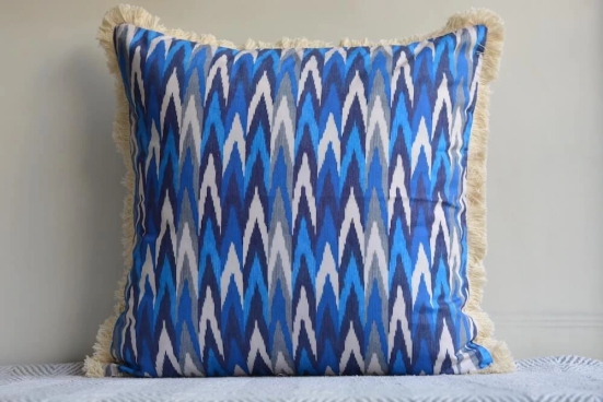 Ikat Design Printed Blue Colour Cushion Cover Size 16x16