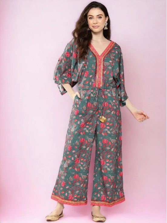 Green Floral Printed Basic Jumpsuit with Lace Inserts