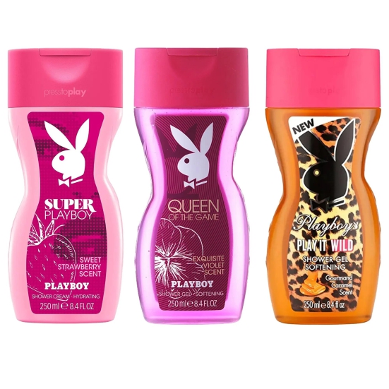 Playboy Super Women + Queen Of The Game + Play It Wild For Women Shower Gel Combo For Women (Pack of 3, 250ml each)