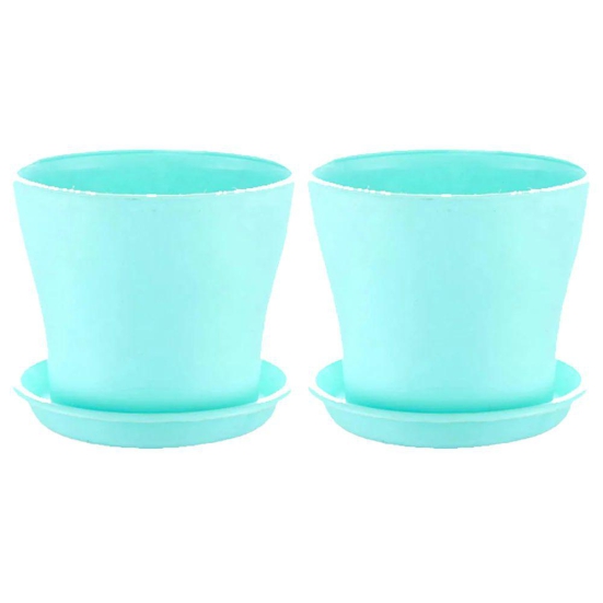 Coloured Plastic Flower Pots with Base Plate | Set of 2 Blue