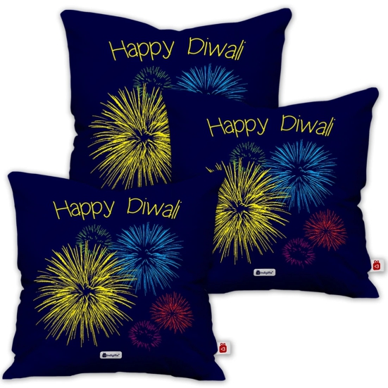 Indigifts Dipawali Gift Items Happy Diwali Quote Blue Cushion Cover 16x16 Set of 3 - Diwali Gift Items, Diwali Decoration Items, Deepavali Decoration, Dipawli Gifts, Deepawali Greetings