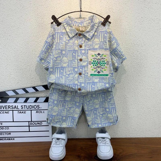 Sky Dreams Ensemble: Pure Cotton Cord Set with Printed Shirt and Shorts for Kids