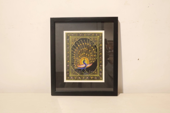 Miniature Painting Black Peacock Design Silk With Frame 7*5