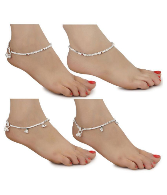 AanyaCentric White Metal Premium Alloy Artificial Payals Antique Stylish Latest Design Traditional Anklets in Silver Plating for Woman and Girl (Set of 4 Pairs) - Silver