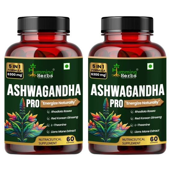 Humming Herbs Ashwagandha Pro - High Potency Adaptogen Blend with Rhodiola Rosea, Red Korean Ginseng, L-Theanine, & Lions Mane - Natural Stress Relief & Cognitive Support- Pack of 2