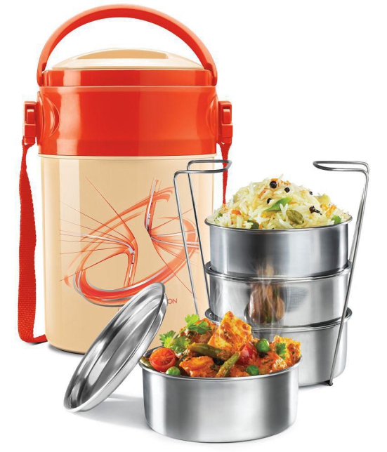 Milton Odyssey Insulated Tiffin, 4 Stainless Steel Containers, 380 ml Each and 1 Papad Box, 200 ml, Ivory