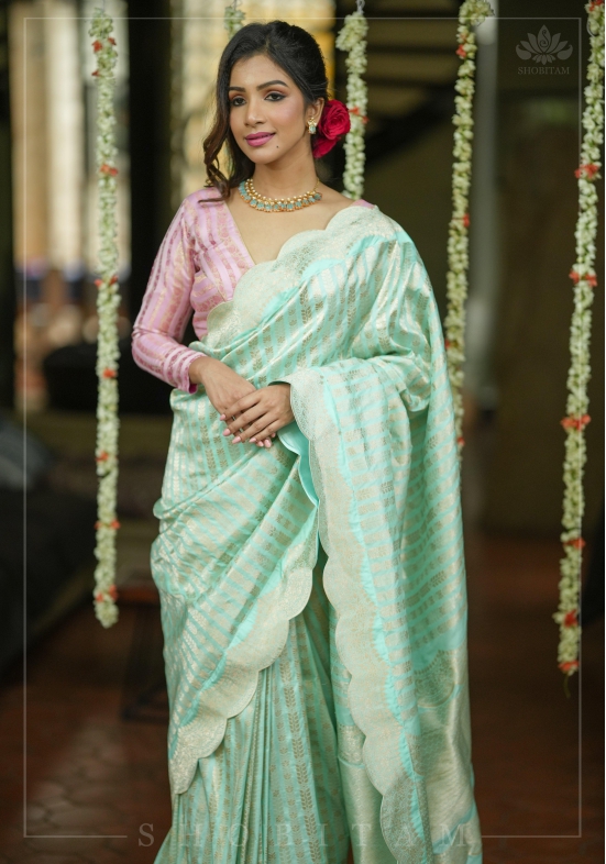 Unique Scalloped Borders Pure Brocade Banarasi Katan Silk Saree in Pastel Sea Green | SILK MARK CERTIFIED