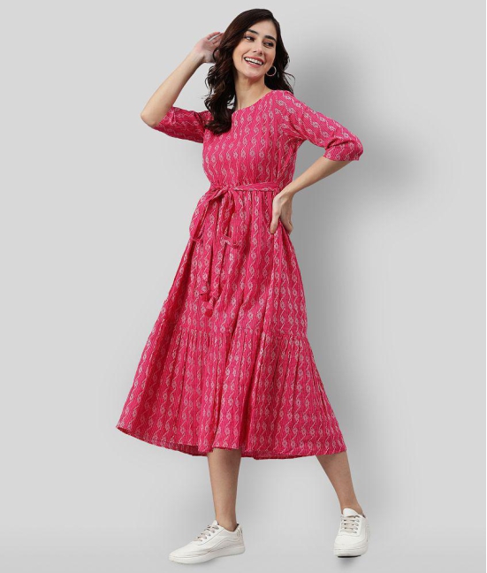 Janasya - Pink Cotton Womens Fit & Flare Dress ( Pack of 1 ) - None