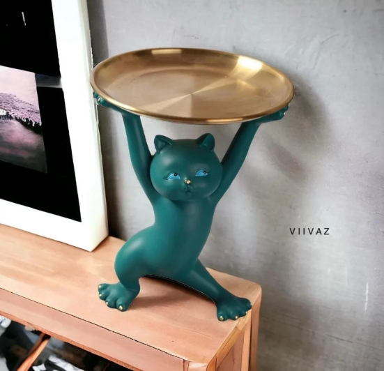 Cute Kitte Holding Tray-Teal Blue / Polyresin | Glossy Matt Finish / H: 9 | L: 7 | W: 6.5 (Inch)