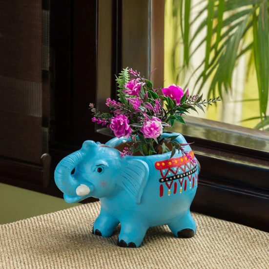 Enchanting Elephant Handmade & Handpainted Terracotta Planter Pot (8 Inch)