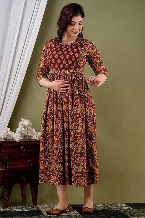 KASHVI Creation Women's Cotton Floral Printed Anarkali Maternity Feeding Kurta ( Brown)