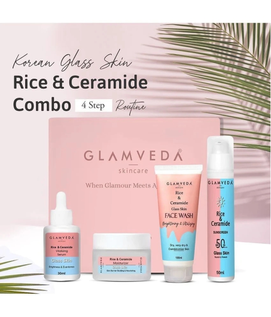 Glamveda Korean Glass Skin Rice & Ceramide Morning 4 Step Skincare Routine For Women with Gift Box | Face Wash, Serum, Moisturizer & Sunscreen