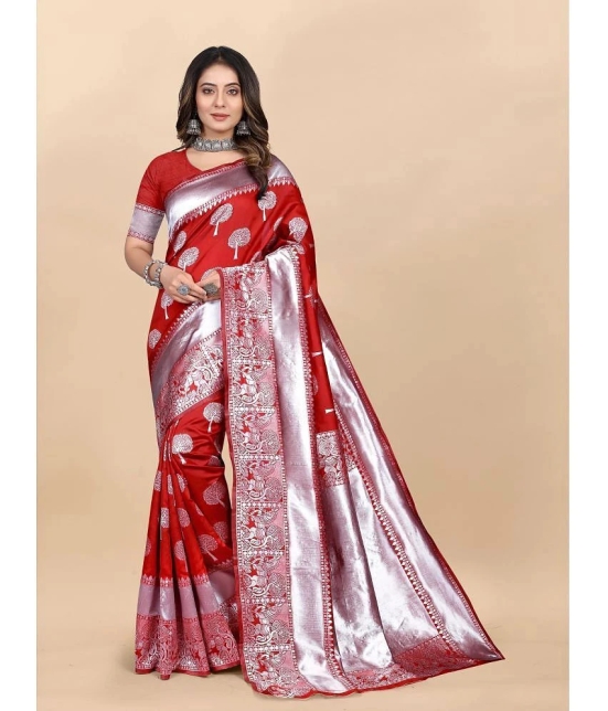 Gazal Fashions - Red Banarasi Silk Saree With Blouse Piece ( Pack of 1 ) - Red