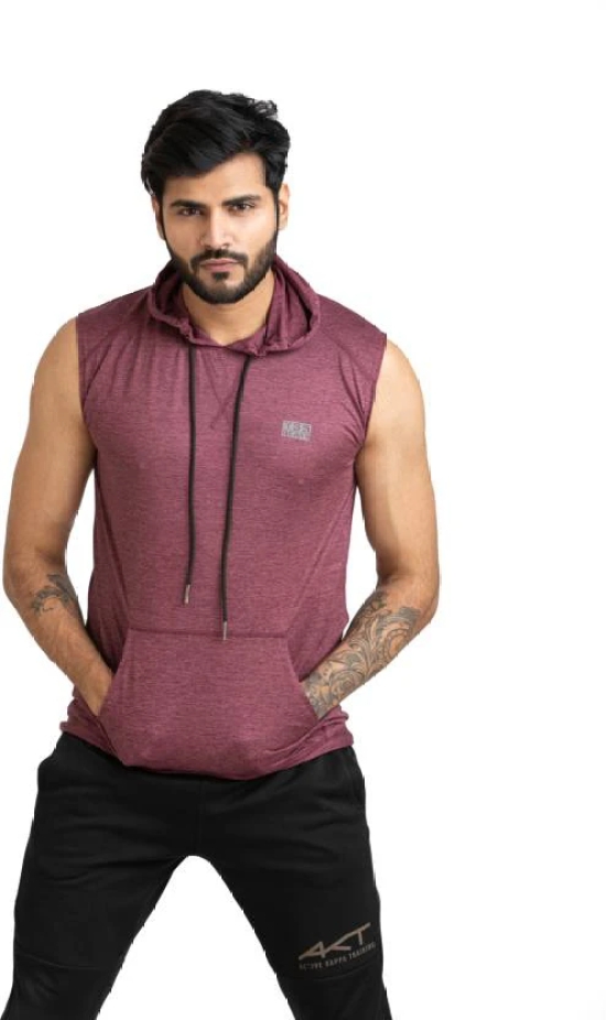 Men Solid Hooded Neck Polyester Maroon T-Shirt