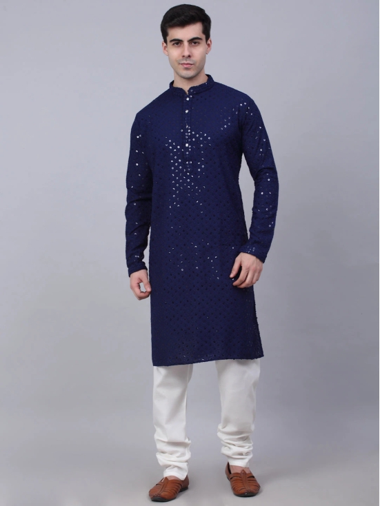 Men Navy Blue Chikankari Embroidered and Sequence Kurta with Churidar-S / Navy-Blue