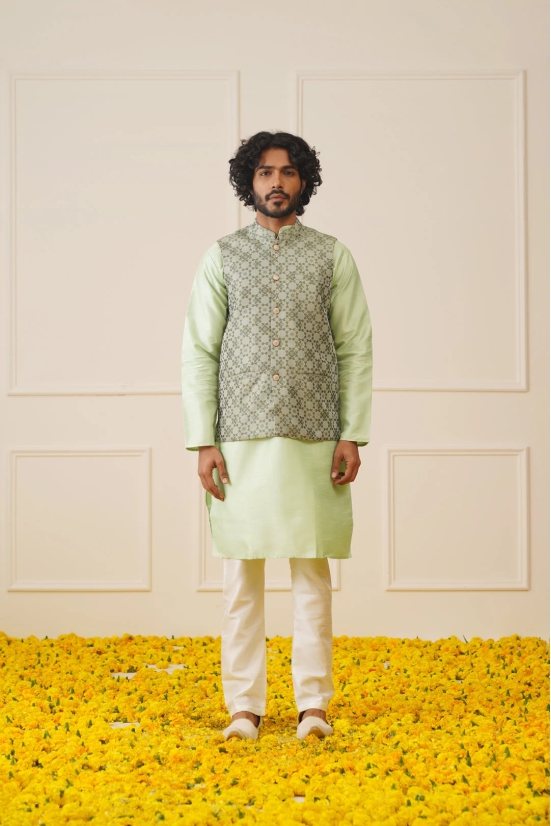 Mens Woven Design Nehru Jacket With Kurta Pyjama Set-S / Green